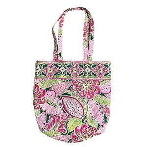 Vera Bradley Tote Bag Pinwheel Pink Green Button Closure Quilted Fabric Pocket